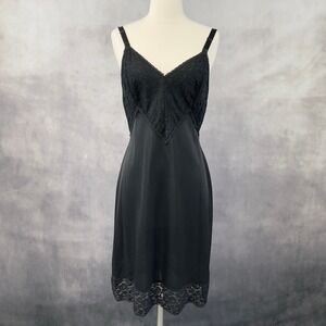 Vintage Seamprufe Slip Dress Women 36 Black Lace Silky Lingerie Dollette Whimsy